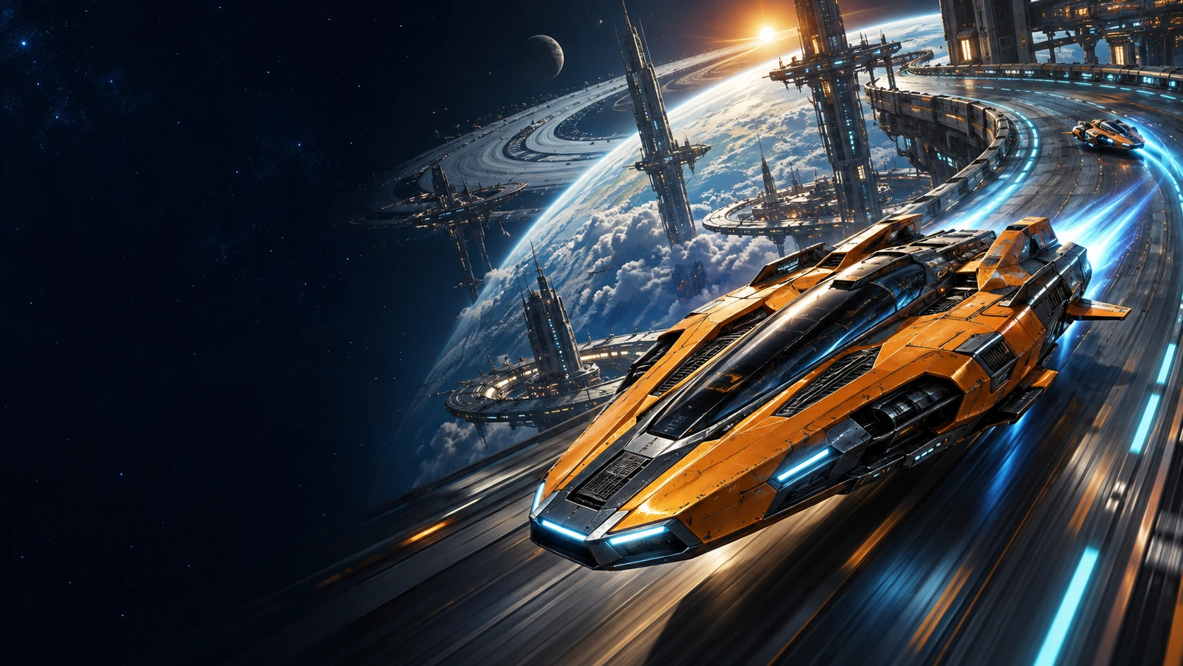 Cinematic promotional artwork of anti-gravity race ships sweeping through a sunlit orbital circuit