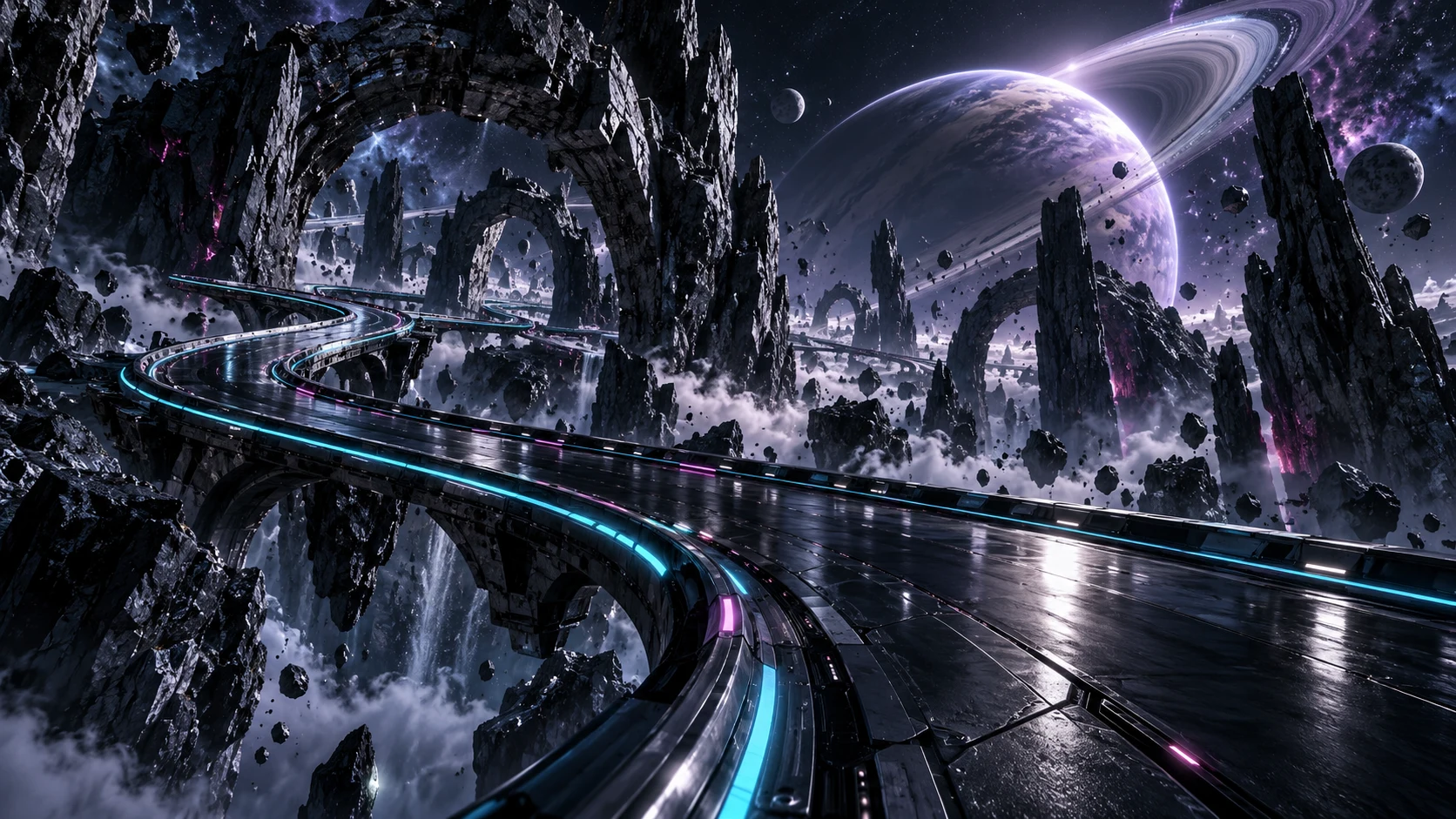 Promotional vision of Nysa Veil: a moonlit orbital circuit through basalt arches beneath a vast violet ringed planet