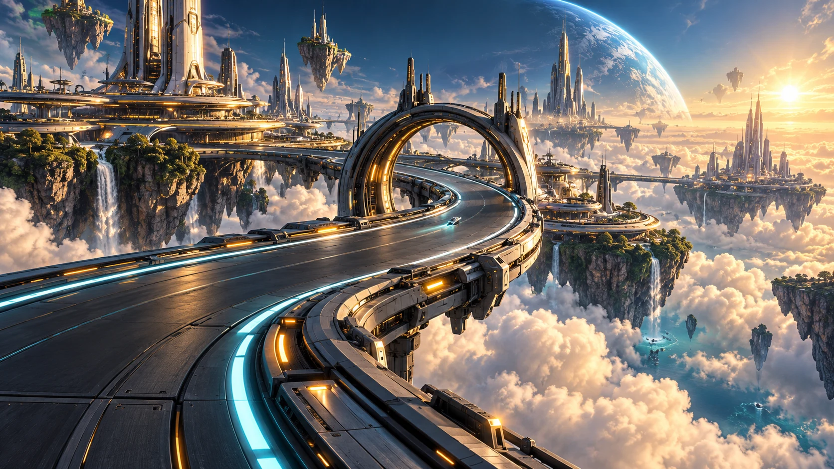Promotional vision of Solar Orbit: a sunlit racing circuit through floating green islands and celestial architecture